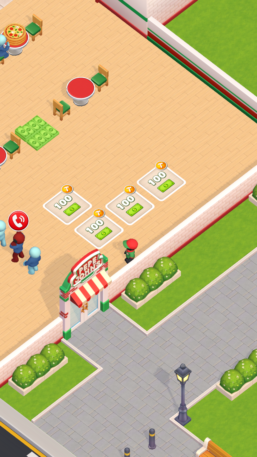 Pizza Boss gameplay showing new dining-room upgrade pads inside the same restaurant