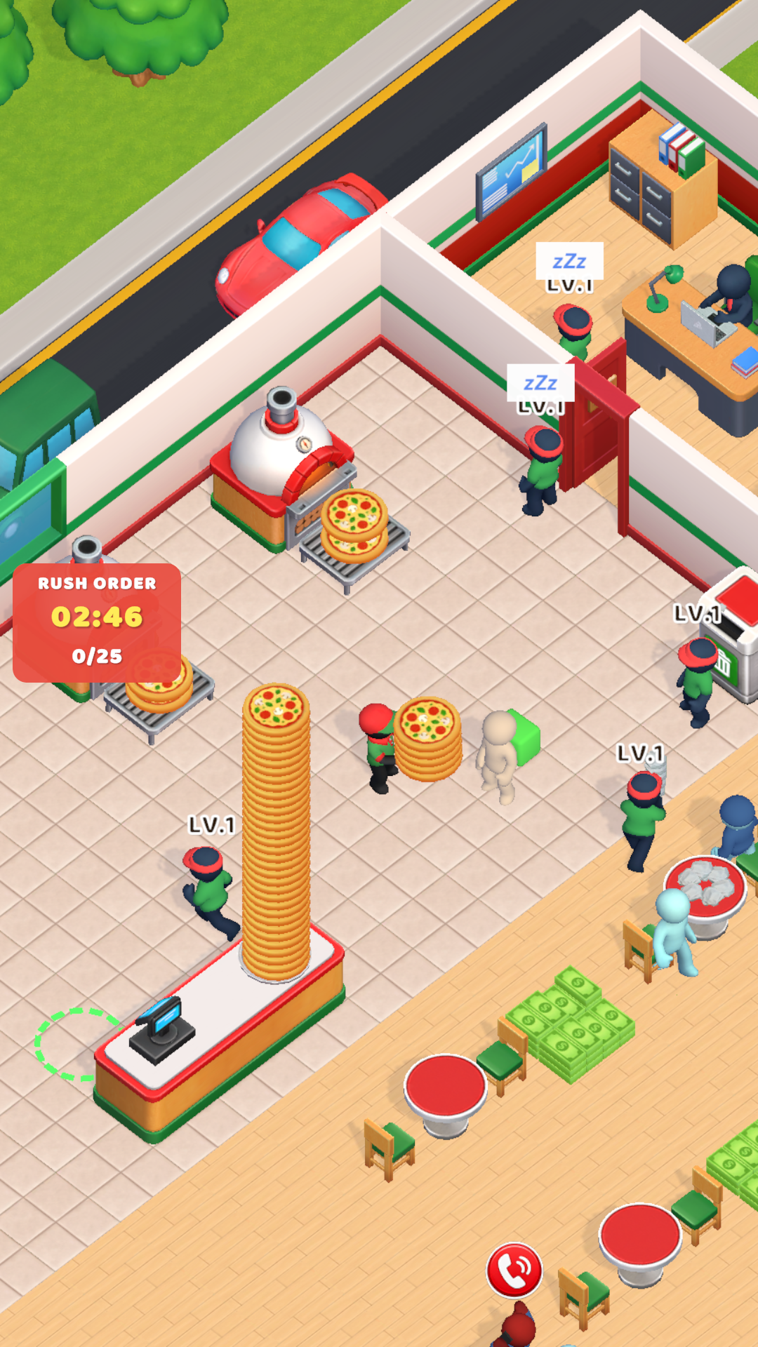 Pizza Boss gameplay showing a rush order, upgraded ovens and the restaurant office